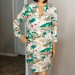 Cynthia Rowley Linen Tropical Print Long Sleeve Dress
